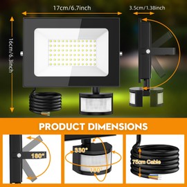 papasbox 50 W LED Spotlight with Motion Sensor Outdoor Light Sensor Outdoor Spotlight with Remote Control 6500 K Cool White IP66 Waterproof Floodlight for Garden Garage Sports Field