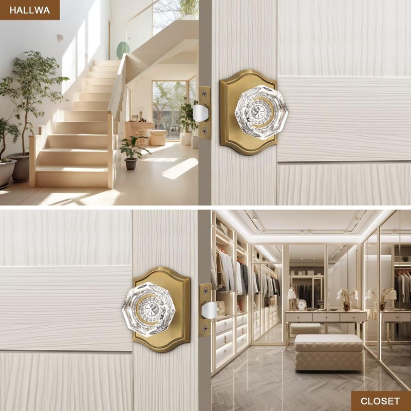 Gobrico Interior Passage Crystal Door Knobs, Keyless Antique Brass Crystal