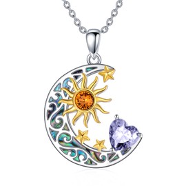 AOBOCO Women's Sterling Silver Sun and Star Necklace with Abalone Shell Moon, June Birthstone Purple for Mom or Daughter