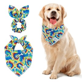 E-Clover Rainbow Dog Bandanas & Matching Scrunchie Set Girl Cute Pride Dog Scarf Bibs Pet Bandana with Bow Tie for Medium Large Dogs Owner Mom Spring