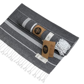 KZY LONDON Original Turkish Hand Towel (Set of 2) for Kitchen and Bathroom - 100% Cotton, 45 x 90 cm Decorative Hand, Face, Hair, Gym, Tea, Dishcloth, Bath Pack 2 (Black)