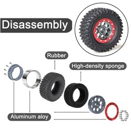 4PCS 1.3" Beadlock Wheel Tires Set 1.3inch Aluminum Beadlock Wheel Hub ＆ 65mm/2.56inch Colored Rubber Crawler Tires for 1/18 TRX4M 1/24 SCX24 FCX24 RC Crawler Car (black tires + red wheel hub)