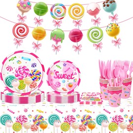 71 Pcs Candyland Party Supplies, Candy Tableware Set Serves for 8 Guests, Candy Tablecloth Lollipop Plates Spoons Knives Forks Napkins for Girls Kids for Baby Shower Lollipop Birthday Party Decor