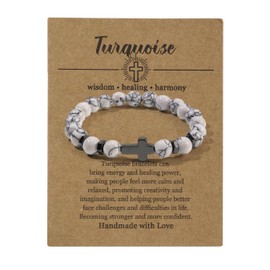 Natural Stone Christian Cross Gifts for Women Men Healing Crystal Turquoise Bracelet Faith Easter Catholic Religious Stretch Bracelets Stress Relief Anxiety Yoga Bracelet For Teens-White Spots