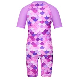 TFJH E Bathing Suits for Girls Swimsuit UV 50+ Short Sleeve Rash Guard Swimwear One Piece Sunsuits Zipper Purple Scale 6A