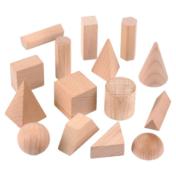 Syhood 15 Pcs 3D Shapes Geometric Solids Wooden Shapes Large Size Burlywood Color Geometric Shapes Blocks Set Montessori Learning Toy Pattern Blocks Solid for Preschool Elementary Home School Supplies