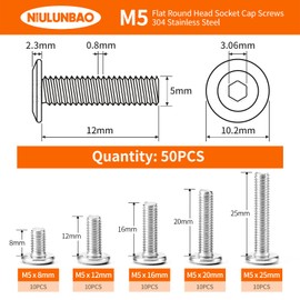 NIULUNBAO M5 x 8mm 12mm 16mm 20mm 25mm Flat Round Head Hex Socket Cap Screws Bolts, Furniture Screws, 304 Stainless Steel, Allen Hex Drive, Metric Fully Threaded, Bright Finish, Assortment Kit 50PCS