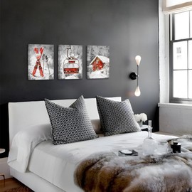 KREATIVE ARTS 3-Piece Ski Lift Canvas Wall Art, Blak and White Snowy Mountain Landscape with Red Barn, Winter Ski Resort Painting Ready to Hang, 12x16'' Each