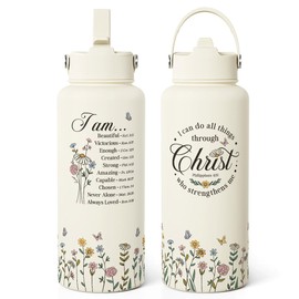Christian Inspiration Water Bottle 32oz Stainless Steel with Lid & Straw, Inspirarional Insulated Bottles for Women Girls, Religious Inspirational Gift Idea for Birthday Christmas