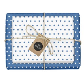 dabelino® 4 x two-tone wrapping paper "Christmas: stars blue-white" + 4 x tags (double-sided sheets DIN A2, eco-recycled paper)