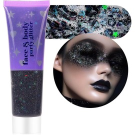 MAEPEOR Face Body Glitter Gel 14 Colors Mermaid Sequins Body Glitter Gel Chunky Holographic Glitter Liquid Body Makeup for Face Body Hair Nails (50ml, F14 Black)