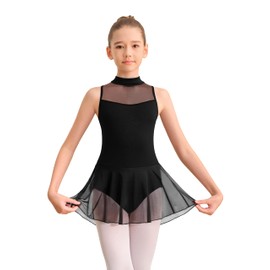 Sanmsoner Girls Tank Ballet Leotard Mock Neck Mesh Dancewear With High-low Skirt,Keyhole Hollow Back(236102-06-XL)