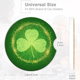 St. Patrick Day Cup Holder Coasters for Car,Glitter Clover Cute Cup Holder Coasters,2 Pack Anti Slip Ceramic Car Cup Holder Accessories with Finger Notch for Women Men 2.56"
