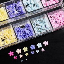 3D Flowers Charms for Nails, 12 Grids Colorful Flower Nail Art Rhinestones Mixed Size Cherry Blossom Acrylic Nail Art Accessories with White Pearls Gold Silver Beads for Women Nail Art Decorations