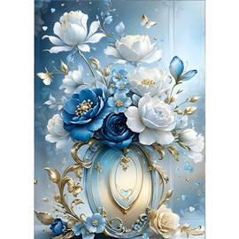 GDYEEH DIY 5D White and Blue Flowers Diamond Art Painting Kits, Full Round Drill Sparkling Diamond Painting Picture, Diamond Painting Art Craft Kits for Adults Beginners, Home Wall Decor 30x40cm