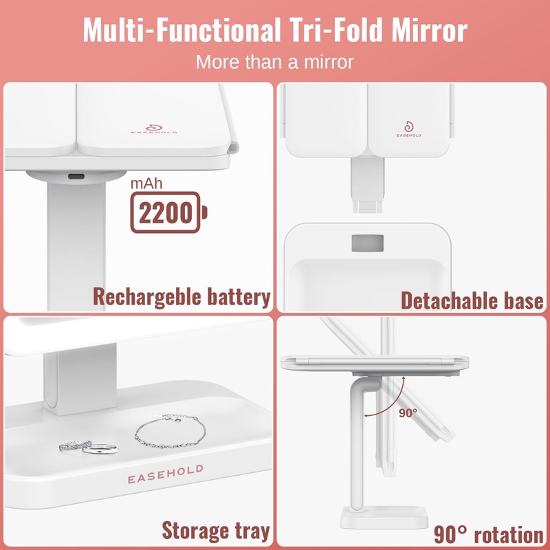 EASEHOLD Vanity Mirror with Lights, 2X 3X Magnification, Trifold, Rechargable,