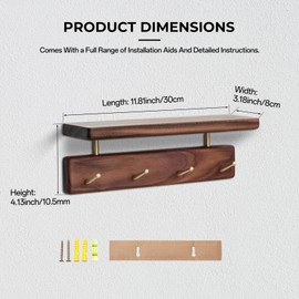 MATOOYA Shelf with Hooks, Solid Wood Bedroom Shelves for Wall, Wooden Coat Rack Wall Mount for Bathroom, Kitchen, Door Entryway (Walnut, 30cm/11.81inch)