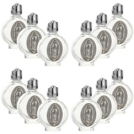 Our Lady of Guadalupe Embossed Holy Water Glass Bottles with Toned Cap, Set of 12, Perfect for Religious Church Weddings, Baptism, Christening, First Communion (Silver)