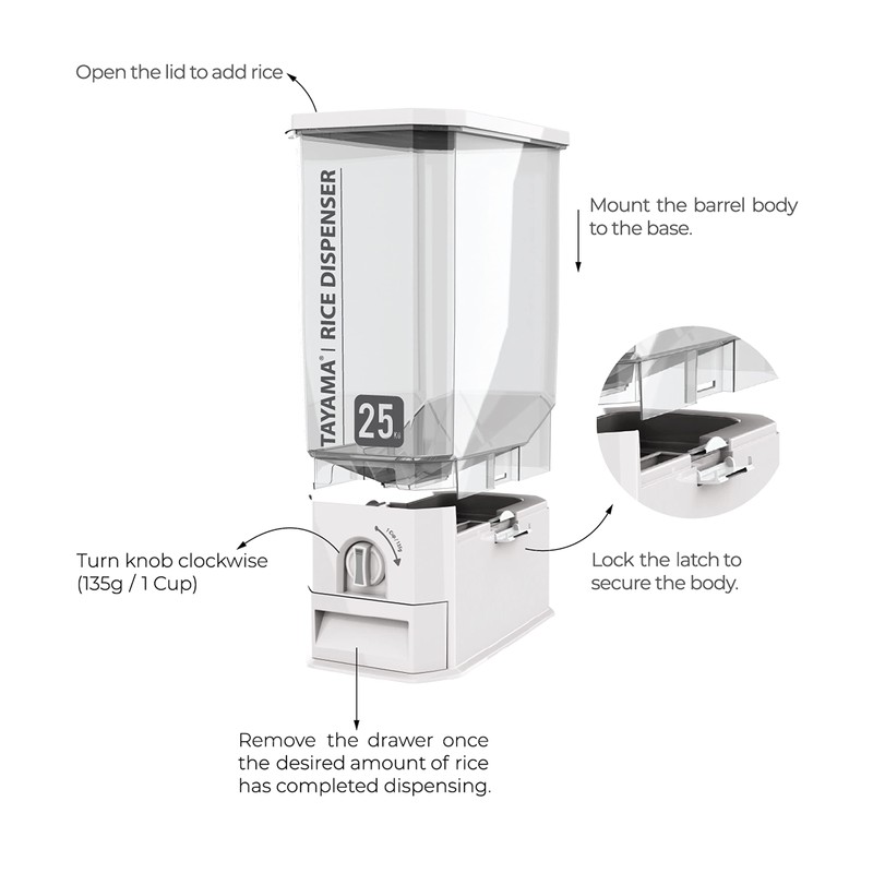 TAYAMA 55 lbs. Capacity Rice Dispenser Grain Storage Container,White