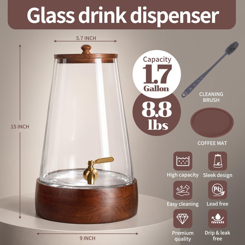 Glass Drink Dispenser with Spigot, 1.72 Gallon, Acacia Wood Stand
