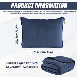 WIYETY Travel Blanket Aeroplane Transformation Pillow 2 in 1, Portable Airplane Blanket with Suitcase Attachment, for Office, Business Trip, Travel, Ultralight Warm - Navy Blue - 152 x 127 cm