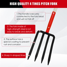 Dikuyeel Heavy Duty Garden Fork for Digging, 4 Tines Pitch Fork for Gardening Compost, Garden Pitch Fork with Wooden Handle, 45 Inches