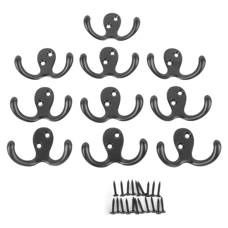 10pcs Black Double Prong Coat Hooks Wall Mounted Retro High