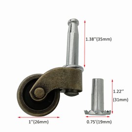 cakuuma 1" Swivel Stem Ball Caster Wheel, Zinc Alloy Antique Style Silent Castor for Furniture Sofa Chair Cabinet Socket Type Mounting Stem, Antique Brass, 353lbs, Pack of 4
