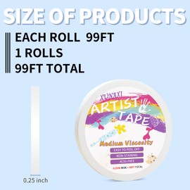 XUNAXI 1 Packs Artist Tape Medium Tack White Art Tape for Watercolor Paper Drafting Art Painting Canvas Framing Acid Free Masking Tape- 0.25IN Wide 99FT Long Total