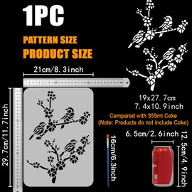 FINGERINSPIRE Branches Painting Template with Brush 11.6x8.2inches Flowers Painting Template Birds Painting Stencil Floral Painting Stencils Reusable DIY Art Craft Stencil for Wood Floor Wall