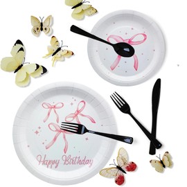 100Pcs Pink Bow Birthday Party Supplies,Pink Bow Party Plates 9"Pink Bow Plates 7"Pink Bow Dessert Plates Pink Bow Theme Girls Bachelorette Pink Bow Conquette Birthday Party Decor Serve50 (Pink)