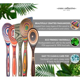 Crate Collective Pakka Wooden Spoons Set - Exotic Pakkawood Utensils for Serving & Cooking - Non-Stick Spoon, Slotted Spoon, Corner Spoon, and Spatula for All Cookware - Lightweight & Heat Resistant