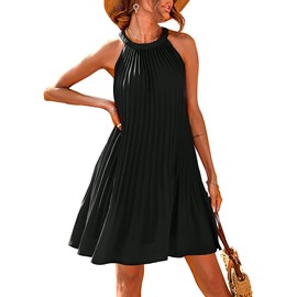 PRETTYGARDEN Womens Summer Dresses 2025 Cute Halter Neck Sleeveless Mini Dress Solid Color Flowy Pleated Beach Dress Sundress(Medium, Black)