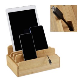 Relaxdays Bamboo Charging Station for Multiple Devices, Tablet & Smartphone, Cable Box Organiser, H x W x D: 10 x 22.5 x 15 cm, Natural