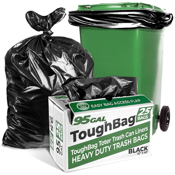 95-96 Gallon Extra-Large Trash Bags, 61x68” Black Garbage Bags, 1.2 Mil Thick (25 COUNT), Heavy-Duty Outdoor 95 Gallon Trash Bags – for Storage, Custodial, Landscape - Made In USA