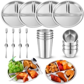 Jinei 20 Pcs Stainless Steel Dishes Set 4 Stainless Steel Plates, 4 Bowls, 4 Cups, 4 Spoons, 4 Forks, Dishwasher Safe, Durable Dining Set for Home Travel Camping
