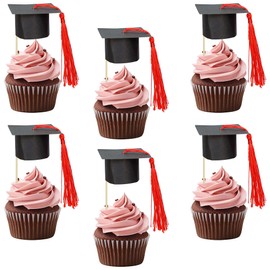 Gyufise 24Pcs 2025 Graduation Cap Cupcake Toppers with Tassel DIY 2025 Congrats Grad Cupcake Picks Graduation Cap 2025 Graduation Cupcake Picks for Graduation Theme Party Supplies Black Red