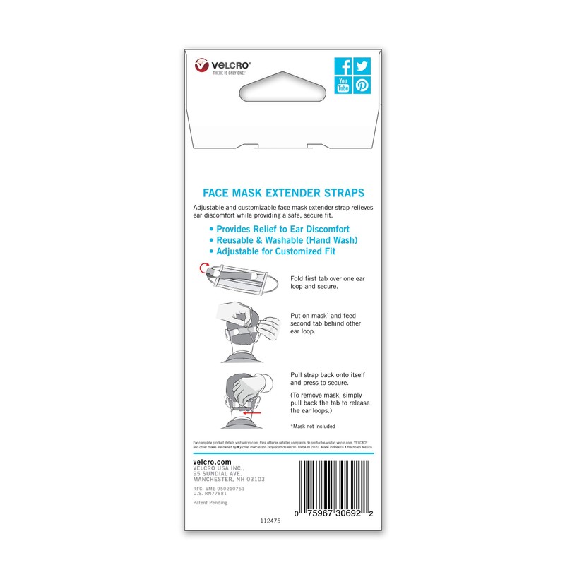 VELCRO Brand Face Mask Extender Straps 4pk Light Blue, 12”