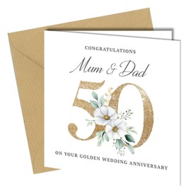 Oscar Finks 50th Golden Wedding Anniversary Card for Parents, for Mum & Dad, White Floral Design, 350gsm Card #1800