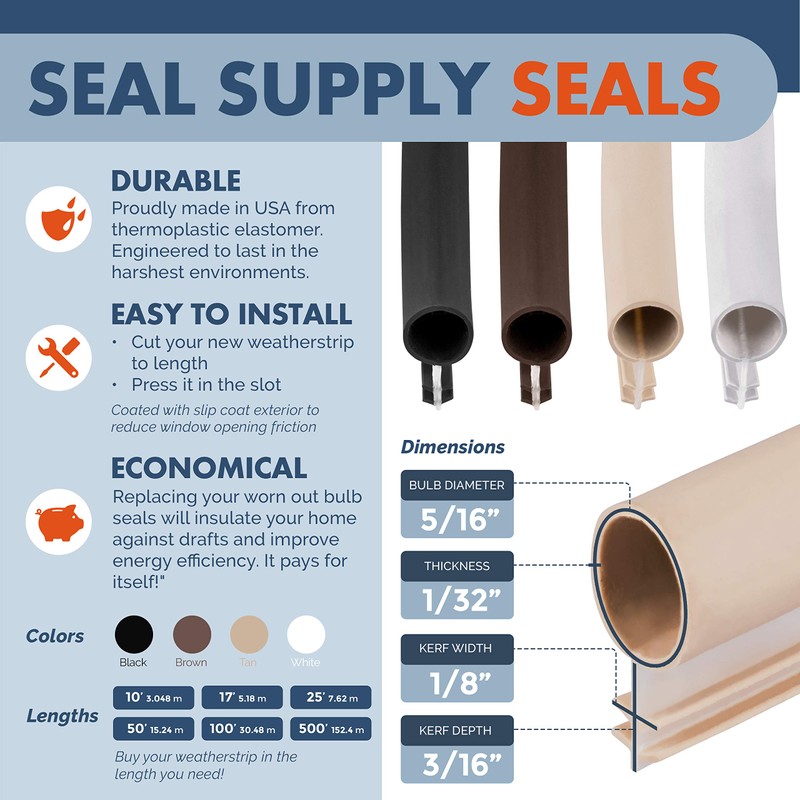Window Weatherstrip Seal 5/16" Bulb Bubble Kerf Mount 4 Colors
