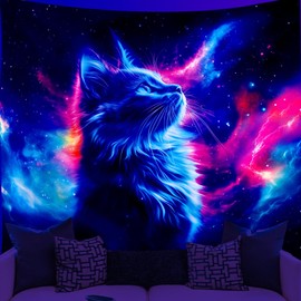 WEBEEDY Black Light Tapestry UV Reactive Starry Sky Cute Cat Tapestries Black Light Cat Posters Animal Tapestries Wall Hanging for Bedroom Party Backdrop Photo Room Decor, 150x130cm/59x51 Inches
