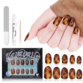 VAVAVAILS Short Squova Press On Nails Brown Leopard with Amber Design False Nails, Non-Transparent Fake Sticks, Reusable 12 Sizes - 24 Nail Kit with Glue & Jellied Gel