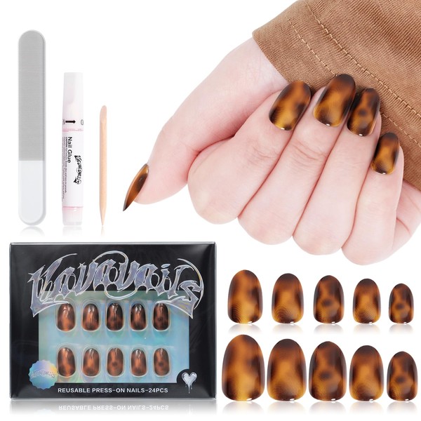 VAVAVAILS Short Squova Press On Nails Brown Leopard with Amber