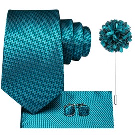 Hi-Tie - Juego de corbatas para hombre, diseño de rayas de cachemira de seda y solapa de flores, gemelos cuadrados para bodas y negocios, Verde azulado azul espiga, Regular