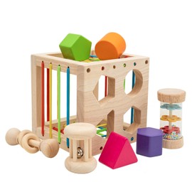 Montessori Wooden Shape Sorting Cube – Baby Sensory Rattles for Infants Over 18 Months, Wooden Baby Toys for 2 Year Old Educational Shape Sorter for Babies & Toddlers