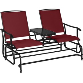 Giantex Outdoor Glider, Rocking Chair with Metal Frame, Center Tempered Glass Table, 2-Person Loveseat, Patio Glider Bench, Outside Swing Chair for Garden Yard Lawn Porch Patio Rocker (Burgundy)