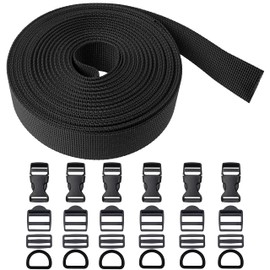 Webbing Set with Buckles, 6 Metre Length, 25 mm Width, 1.2 mm Thickness, Jet Black Strap Band, PET Material, Tear-Resistant + Heavy Duty Strap, 6 x 25 mm D-Ring, Plug, Ladder and Bridge Buckles