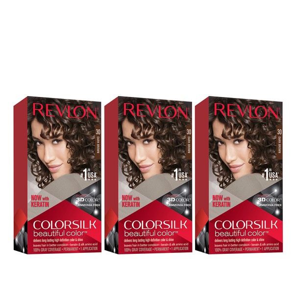 REVLON Colorsilk Beautiful Color Permanent Hair Color with 3D Gel Technology & Keratin, 100% Gray Coverage Hair Dye, 30 Dark Brown, 4.4 oz (Pack of 3)