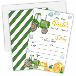 Start Your Tractor Birthday Party Invitation，Farmyard Green Tractor Party Invitations For Kids, Teen, Boys & Girls，20 Double-Sided Fill In Style Invites With Envelopes-Party Favors Decoration And