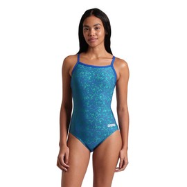 ARENA Women's Standard Performance Abstract Tiles Light Drop Back Swimsuit, Royal/Team Royal Green